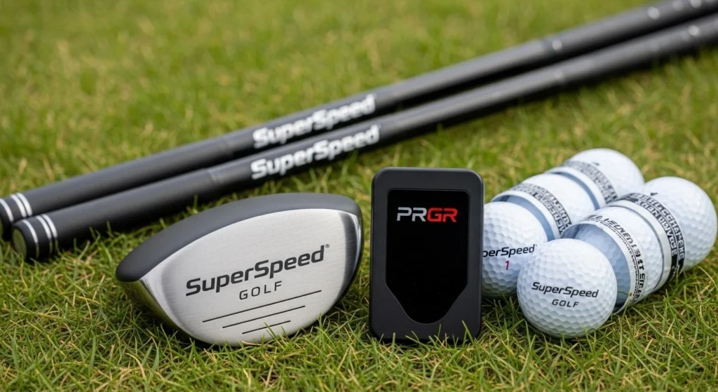 Golf training aids for increasing driver swing speed, including SuperSpeed Golf sticks and a PRGR launch monitor.