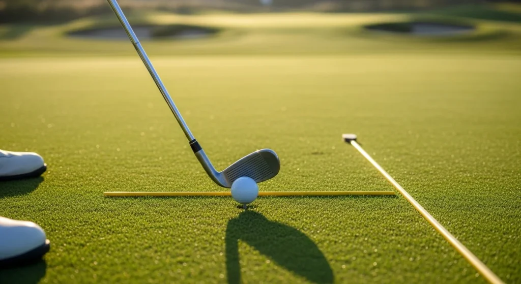 Correct setup for a high soft pitch shot showing open clubface and forward ball position.