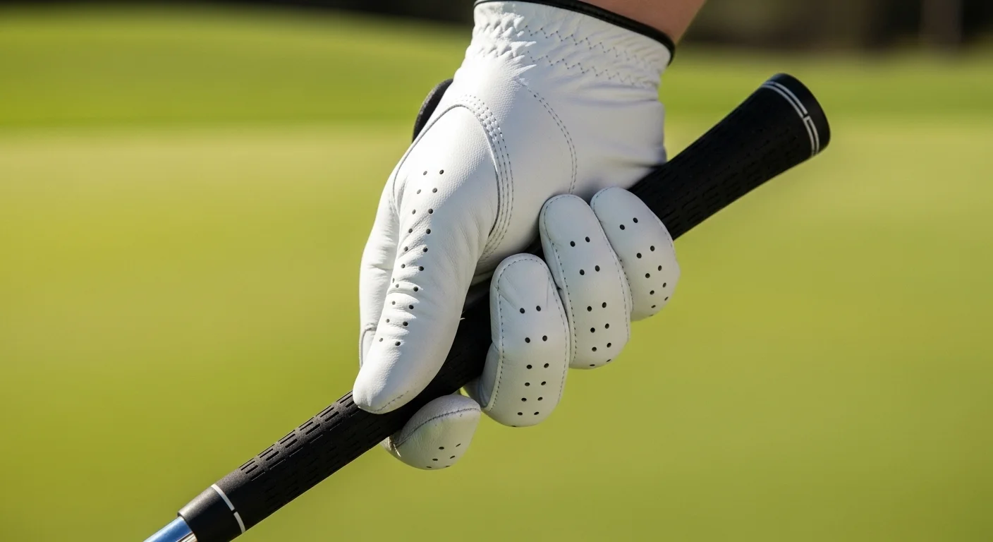 A golfer's hand wearing a clean white golf glove, gripping a golf club with a lush green fairway in the background.