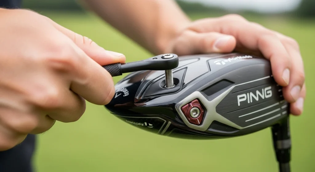 Close-up photo of a golfer adjusting the loft on their driver with a wrench.