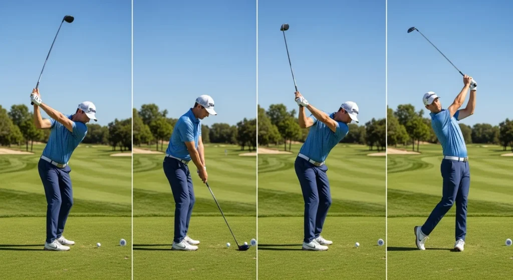 Diagram showing the proper swing path and high follow-through for a soft golf pitch shot.