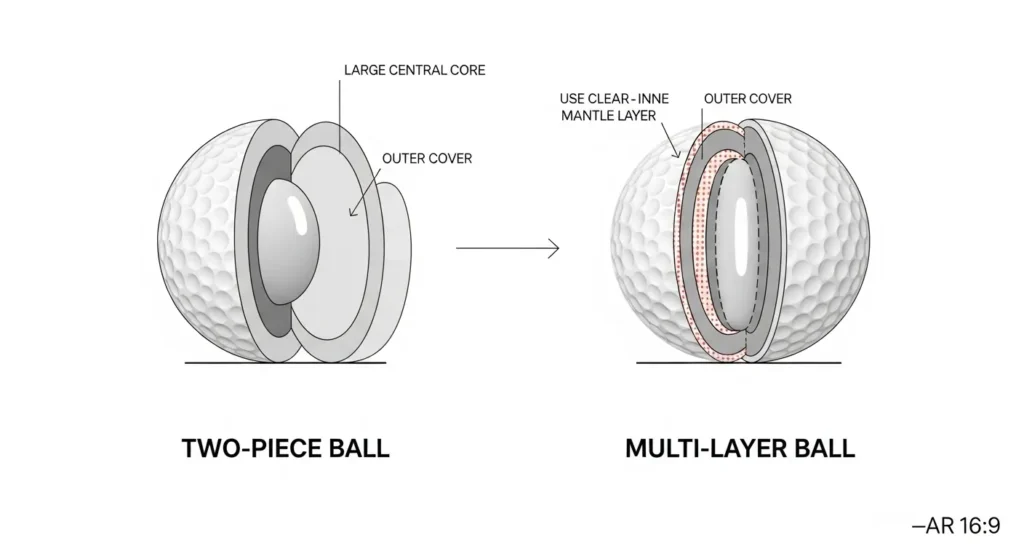 A diagram comparing the simple construction of a two-piece golf ball with the more complex construction of a multi-layer golf ball.