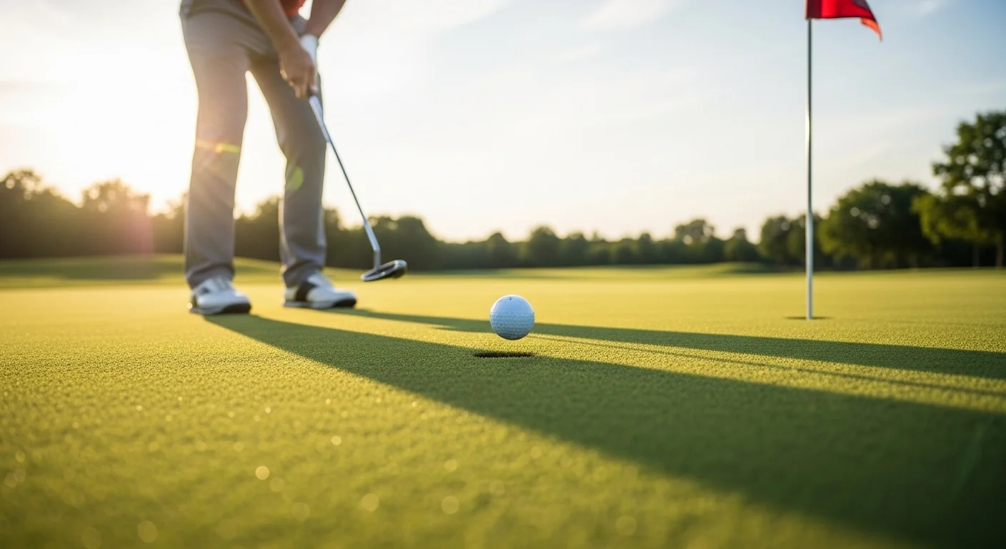 Golfer hitting a perfect chip shot onto the green on a sunny day.