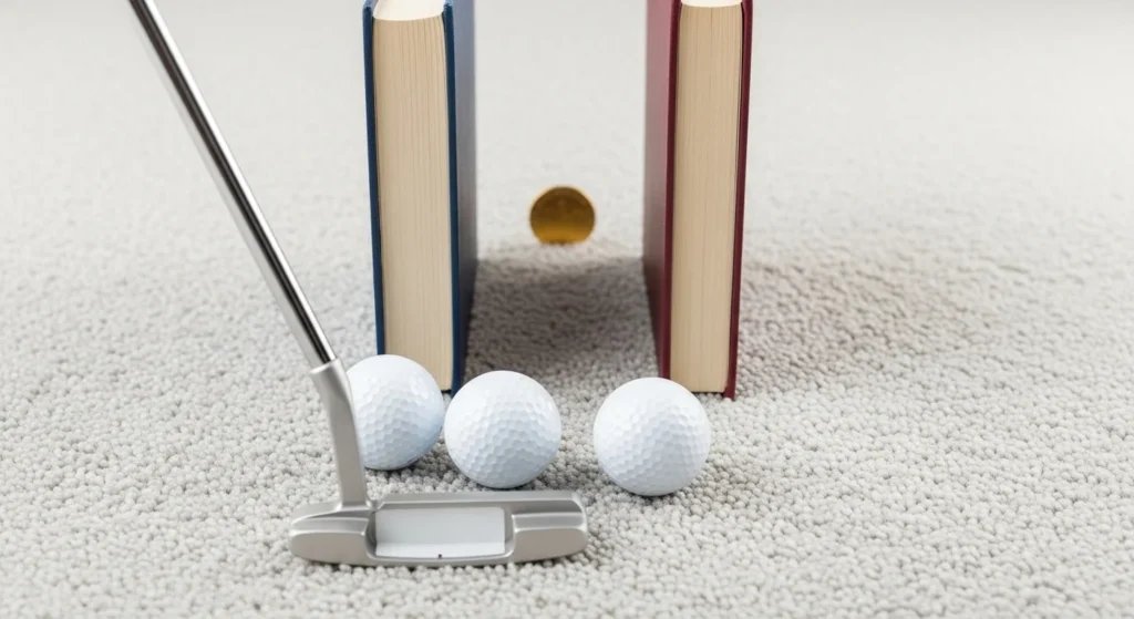 A home golf practice setup on a carpet, showing a putter, golf balls, and two books used as a putting gate drill.
