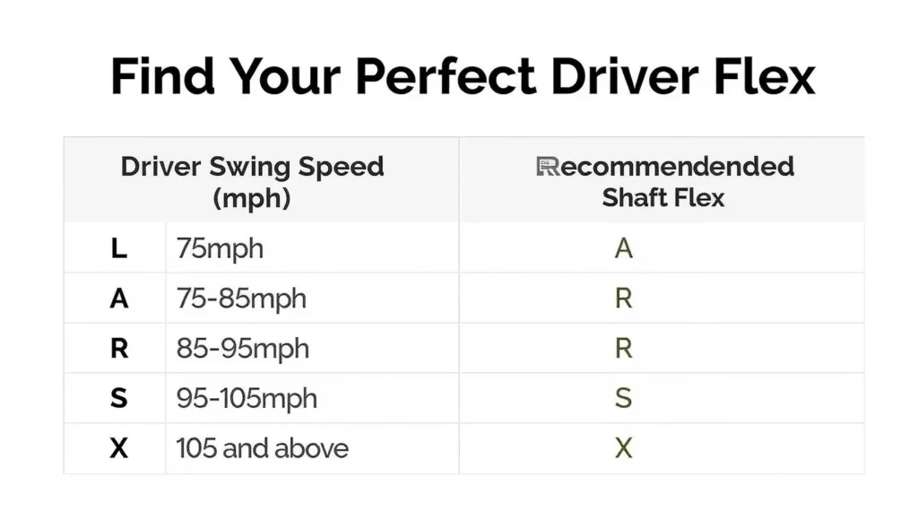 A chart showing recommended golf driver shaft flex based on swing speed in miles per hour, helping beginner golfers choose the right flex.
