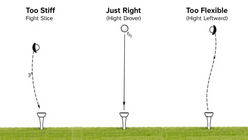 A diagram illustrating the ball flight for a beginner golfer using a driver shaft that is too stiff, too flexible, or the correct flex.