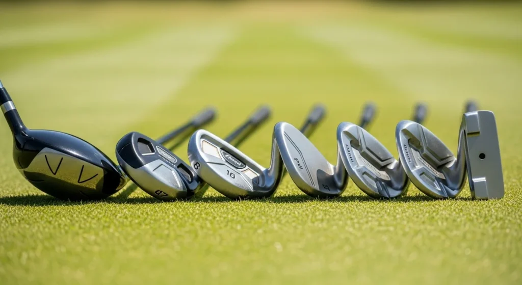 A close-up shot on a sunny golf course shows the heads of seven essential beginner golf clubs laid out on the green grass: a driver, a mallet putter, a hybrid, a 6-iron, an 8-iron, a pitching wedge, and a sand wedge.

