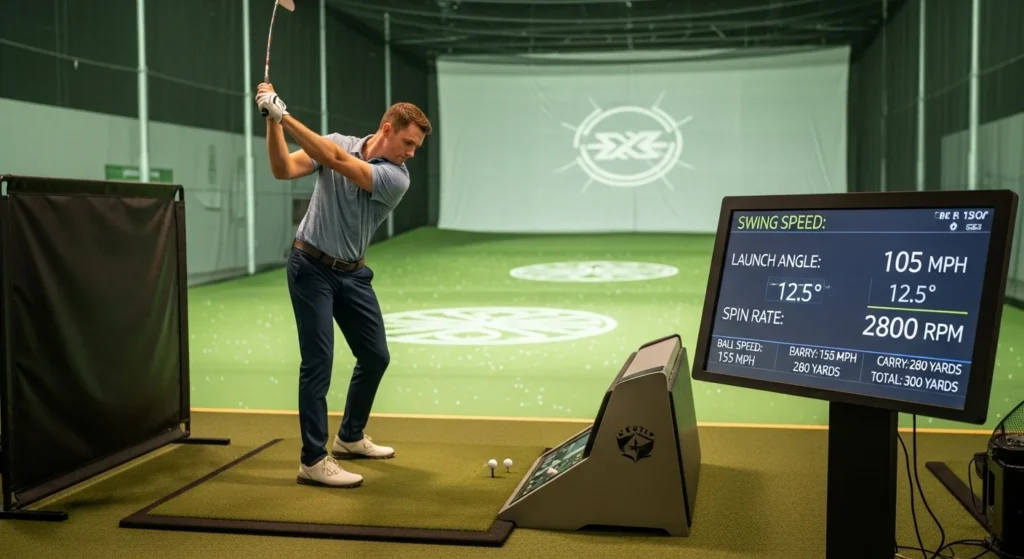 A golfer at a custom fitting session for a new driver, with a launch monitor in the background displaying important swing data like speed and launch angle.