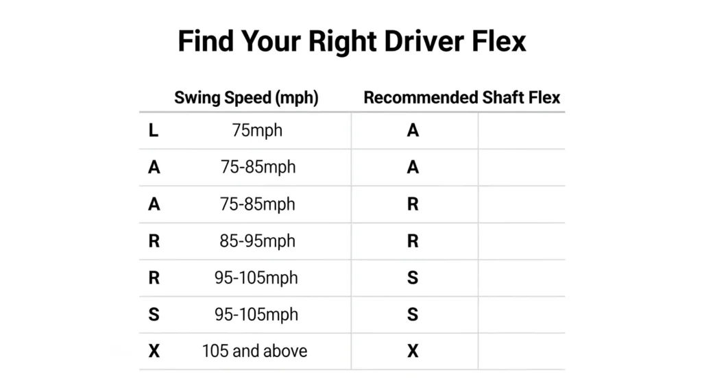 A chart titled "Find Your Right Driver Flex" showing recommended golf driver shaft flexes. The table has three columns: an unlabeled column with shaft flex letters, a "Swing Speed (mph)" column, and a "Recommended Shaft Flex" column.