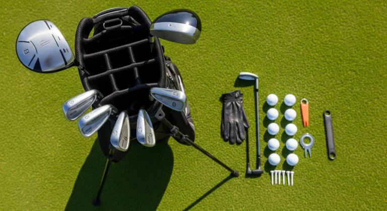 A vibrant, top-down photo showing a stylish golf stand bag open on a lush green fairway. Essential beginner golf clubs (driver, putter, hybrid, irons, wedges) are neatly arranged within and around it. Beside the bag, a dozen golf balls, a white golf glove, colorful tees, and a divot tool are artfully laid out, all under bright, sunny lighting.