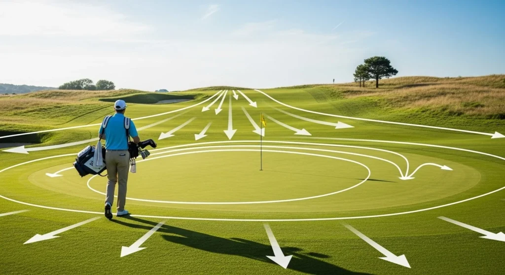 A golfer walking up to a putting green, with animated arrows showing the overall slope and contours of the landscape to analyze before a putt.