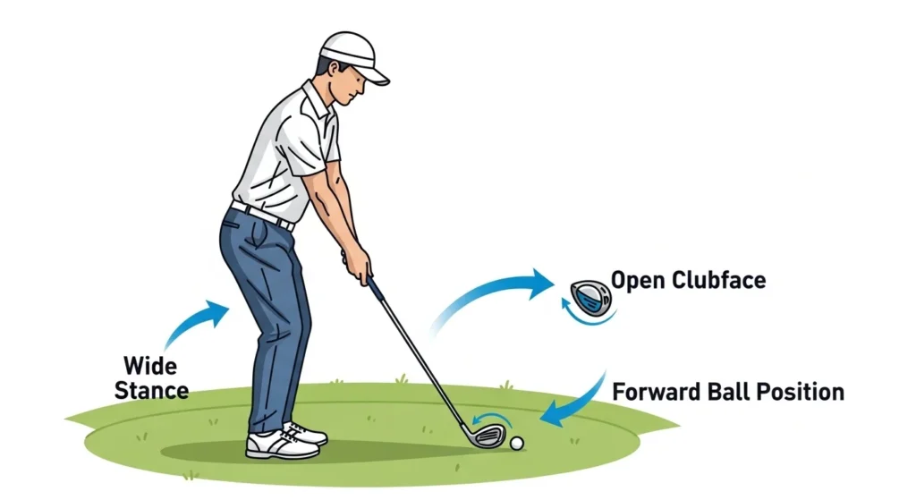 Illustrated graphic detailing the correct golf bunker setup, showing wide stance, open clubface, and ball position off the lead heel.