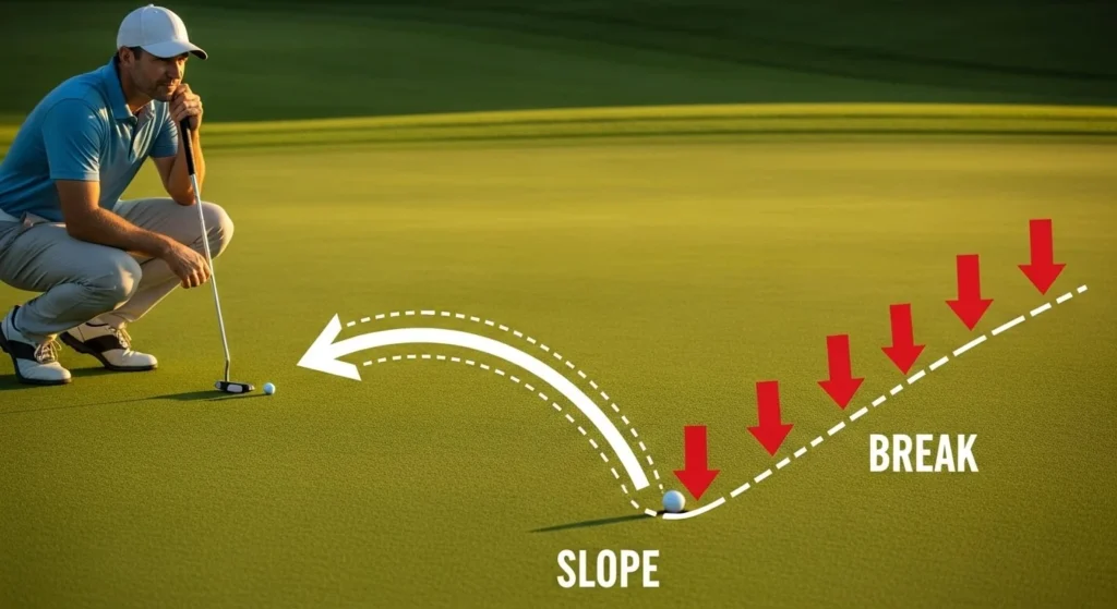 A golfer reading a green from the low side to see the break of the putt, with arrows illustrating the slope.