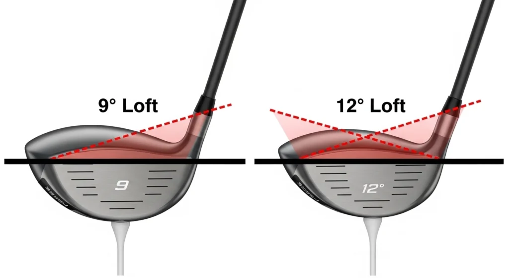 Diagram showing the difference in loft angle between a 9-degree and 12-degree golf driver.