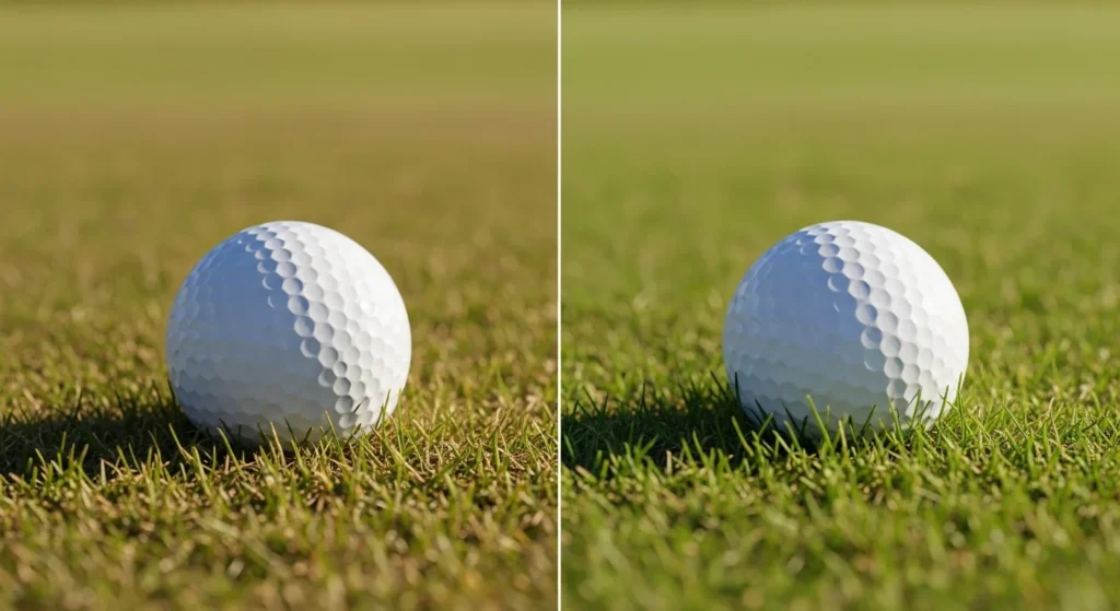 Side-by-side comparison of a golf ball on a tight lie versus a fluffy lie in the rough.