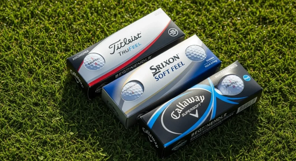 Sleeves of beginner-friendly golf balls like the Callaway Supersoft and Srixon Soft Feel on the grass, ready for testing.