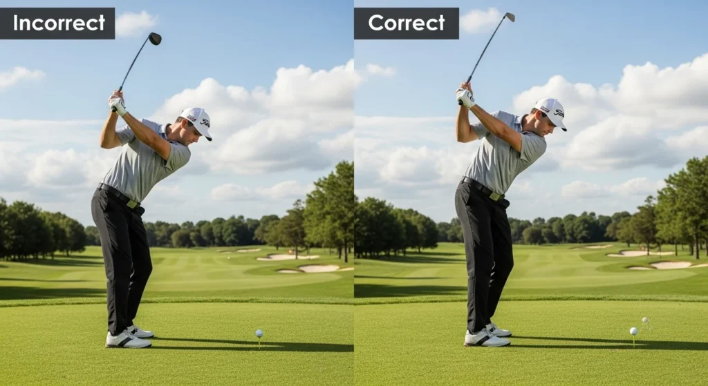 Comparison of correct and incorrect chipping technique, showing the difference between a firm-wristed swing and a wristy scoop.