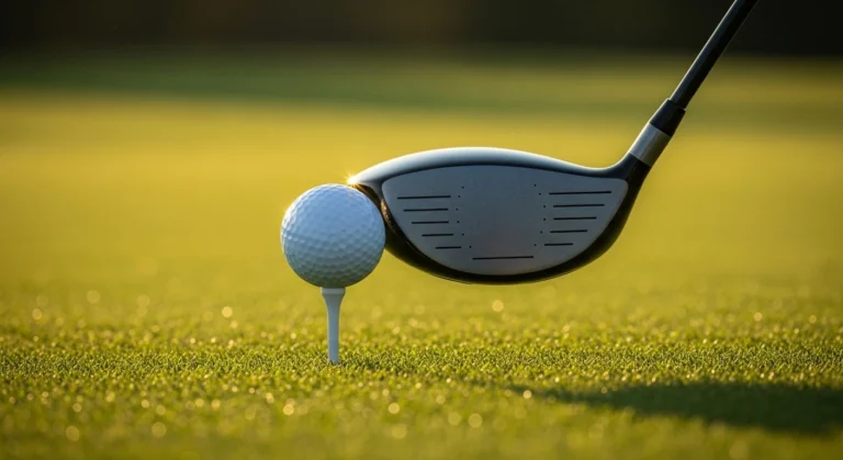 A modern golf driver hitting a golf ball off a tee on a beautiful golf course.