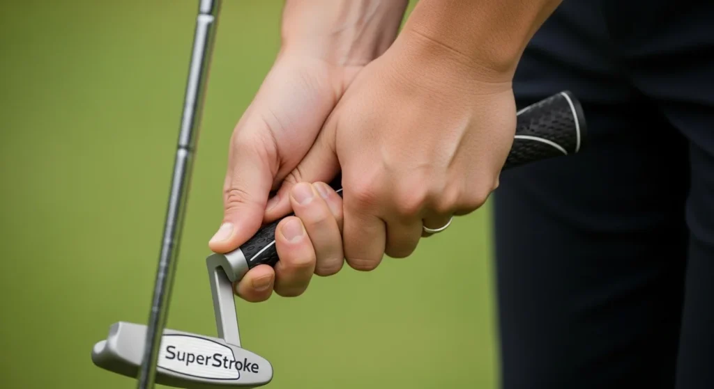 Close-up of a golfer's hands using an oversized putter grip to promote a steady putting stroke.