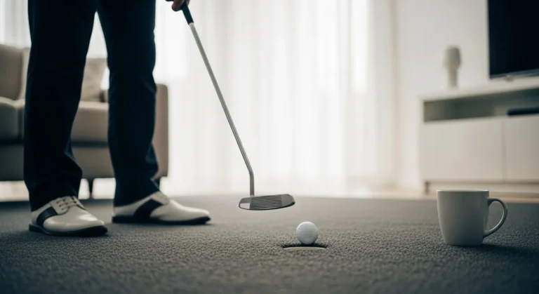 Golfer practicing putting in a well-lit living room, using a coffee mug as a target to improve their stroke at home.