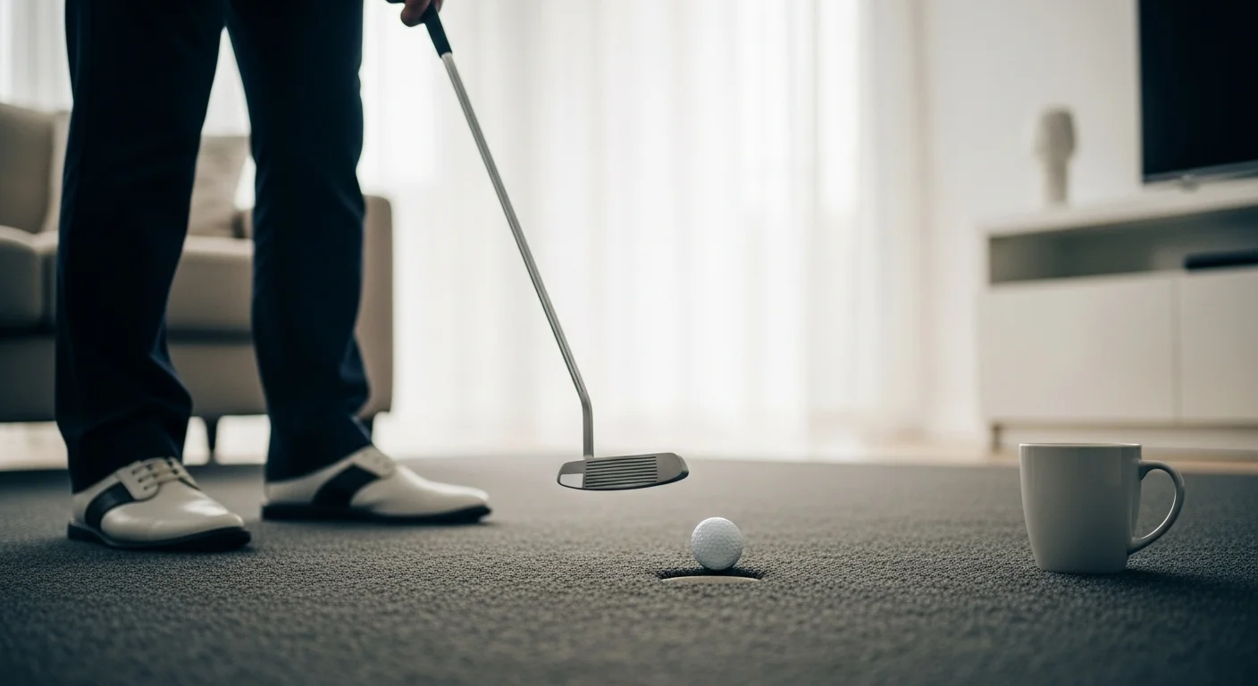 Golfer practicing putting in a well-lit living room, using a coffee mug as a target to improve their stroke at home.