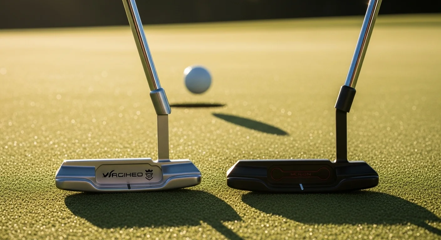 A blade and mallet putter resting on a dewy putting green at sunrise with a golf ball falling into the hole.