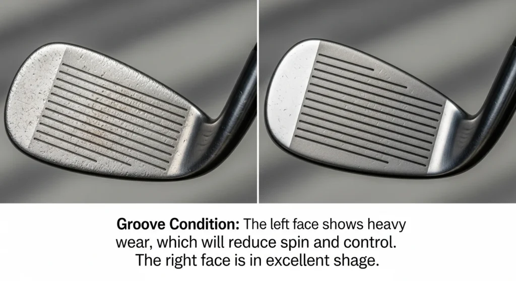 Close-up comparison of a worn-out golf iron face versus a new one, highlighting groove wear.
