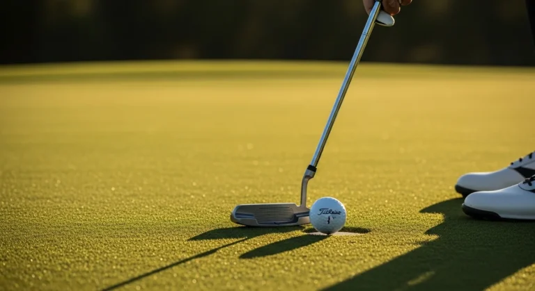 Golfer's hands in a perfect putting grip at golden hour on a pristine green.