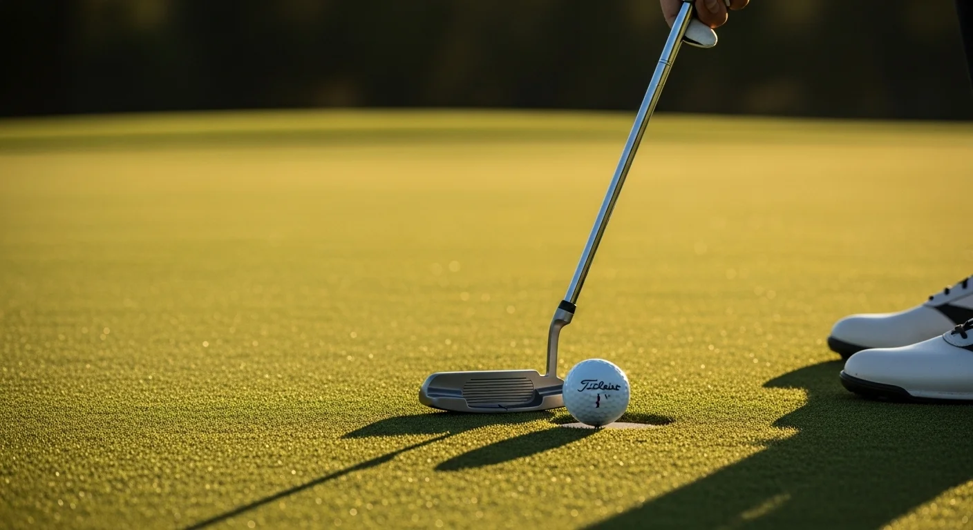 Golfer's hands in a perfect putting grip at golden hour on a pristine green.