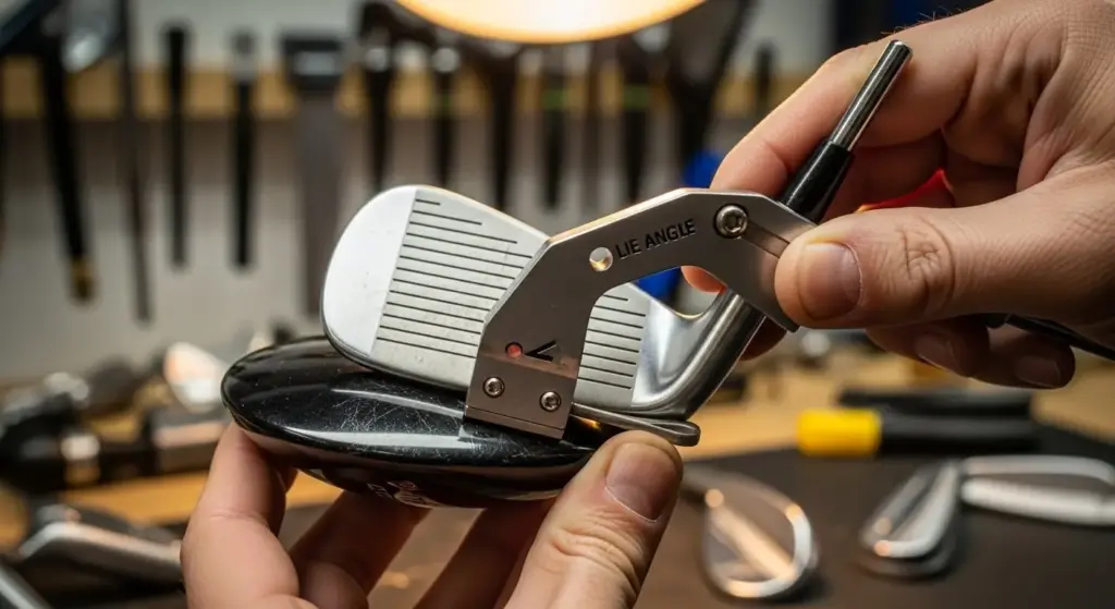 A close-up of a golf club fitter's hands measuring the lie angle of a golf iron with a precision tool.
