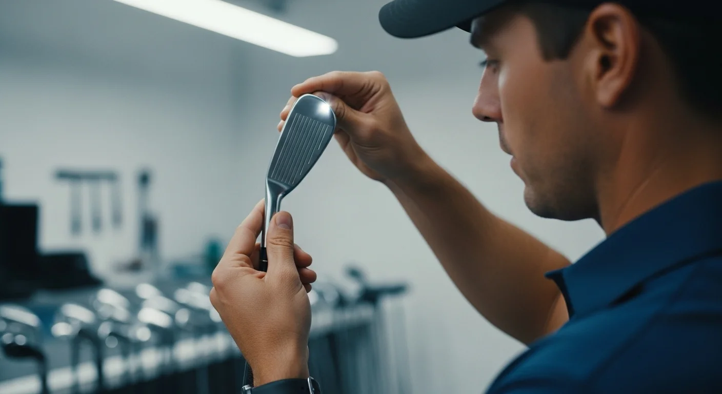 A golfer in a workshop meticulously inspecting the grooves of a used golf iron with careful attention, highlighting the detailed process of checking golf club condition before purchase.