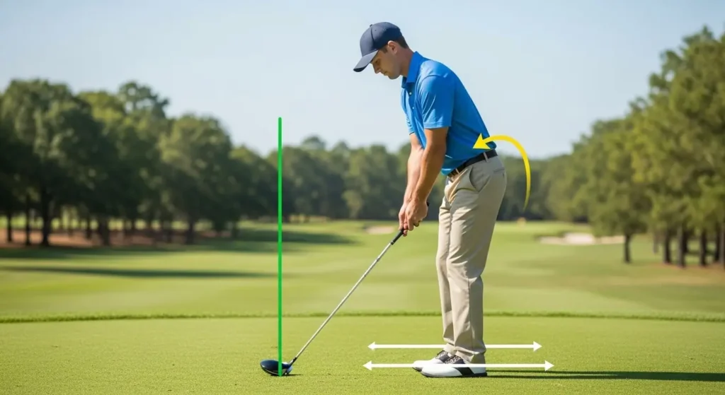 A golfer demonstrating the correct driver stance with diagrams showing ball position and spine tilt.