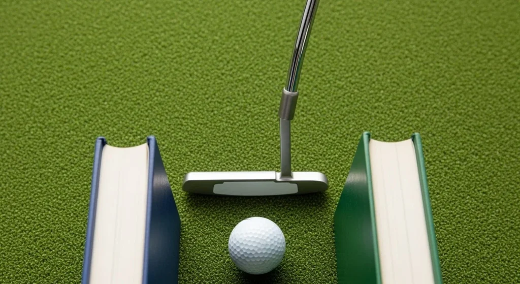 Top-down view of a putter head swinging through a gate made of two books, demonstrating a putting gate drill for a consistent stroke path.