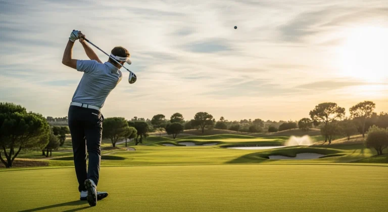 Golfer completing a high, soft pitch shot, with the ball in the air heading towards the green.
