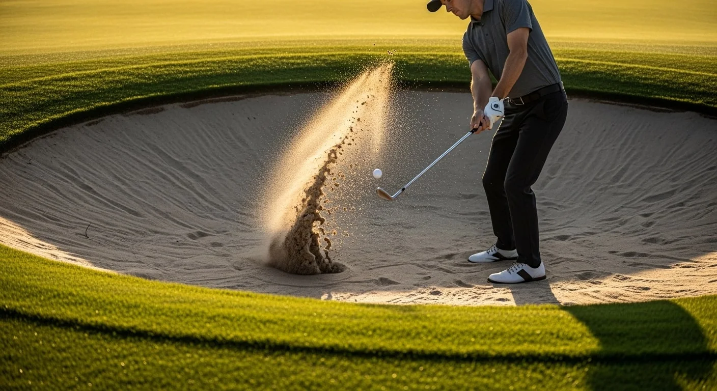 Golfer hitting a perfect bunker shot, splashing sand and ball out of a greenside trap under golden hour lighting.