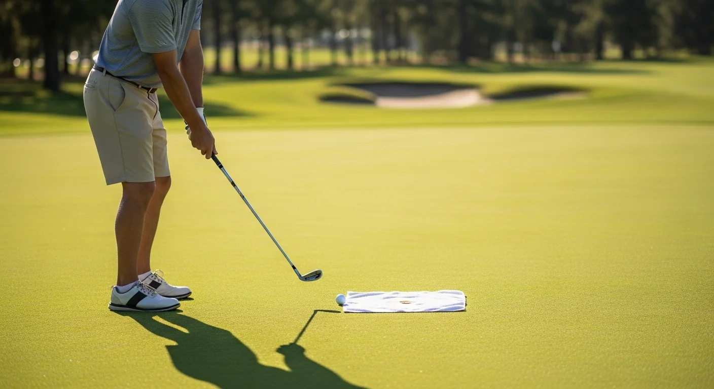A golfer practicing the towel drill for chipping, aiming to land the ball on a towel placed on the practice green.